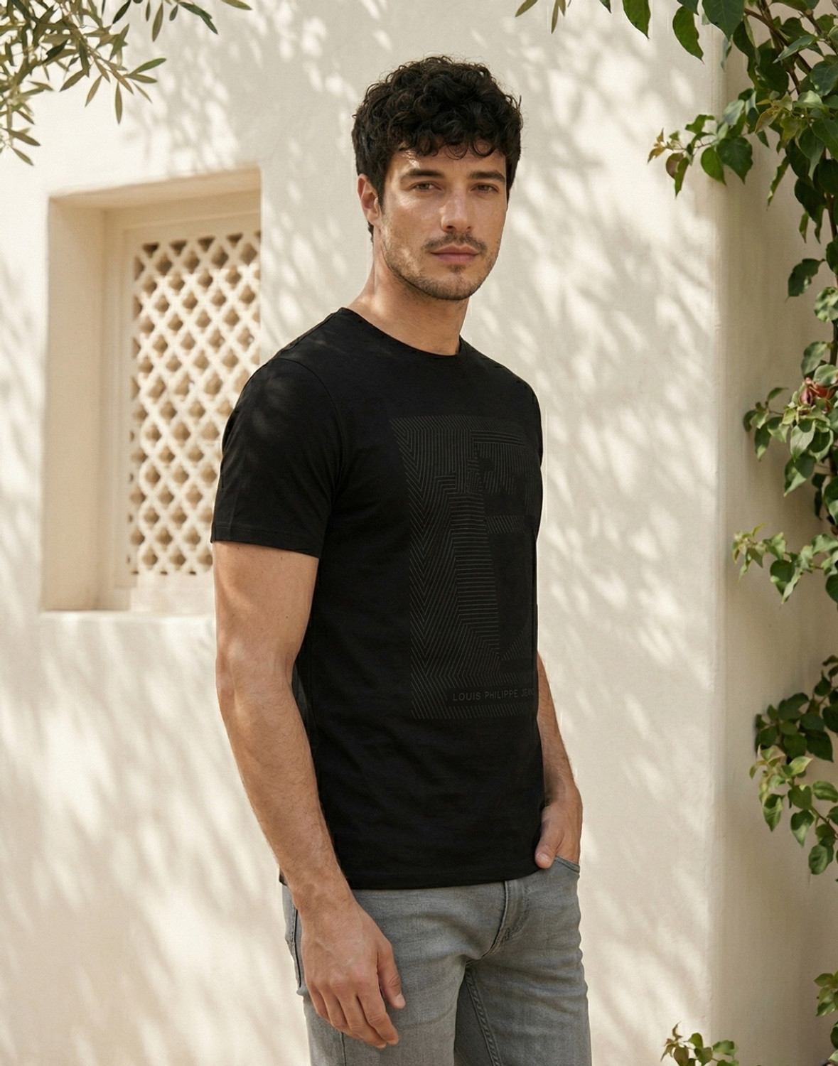 Image of LOUIS PHILIPPE Graphic Print Men Round Neck Black T-Shirt