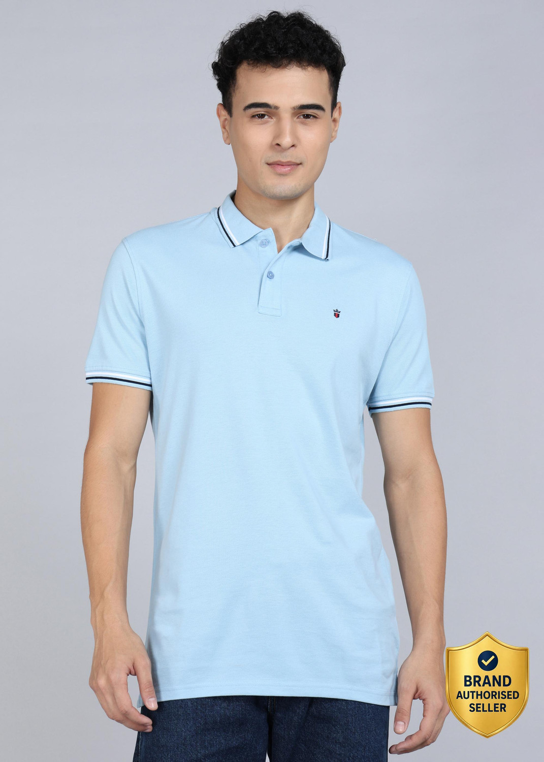 Image of Louis Philippe Sport Solid Men Polo Neck Blue T-Shirt