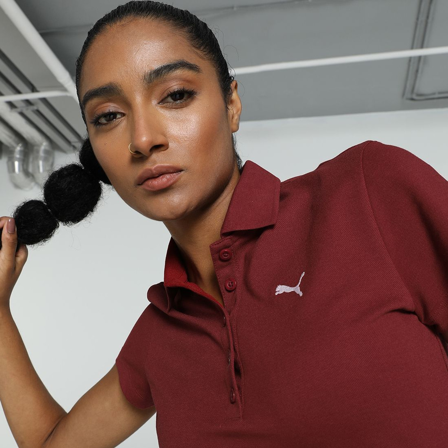 Image of PUMA Solid Women Polo Neck Red T-Shirt