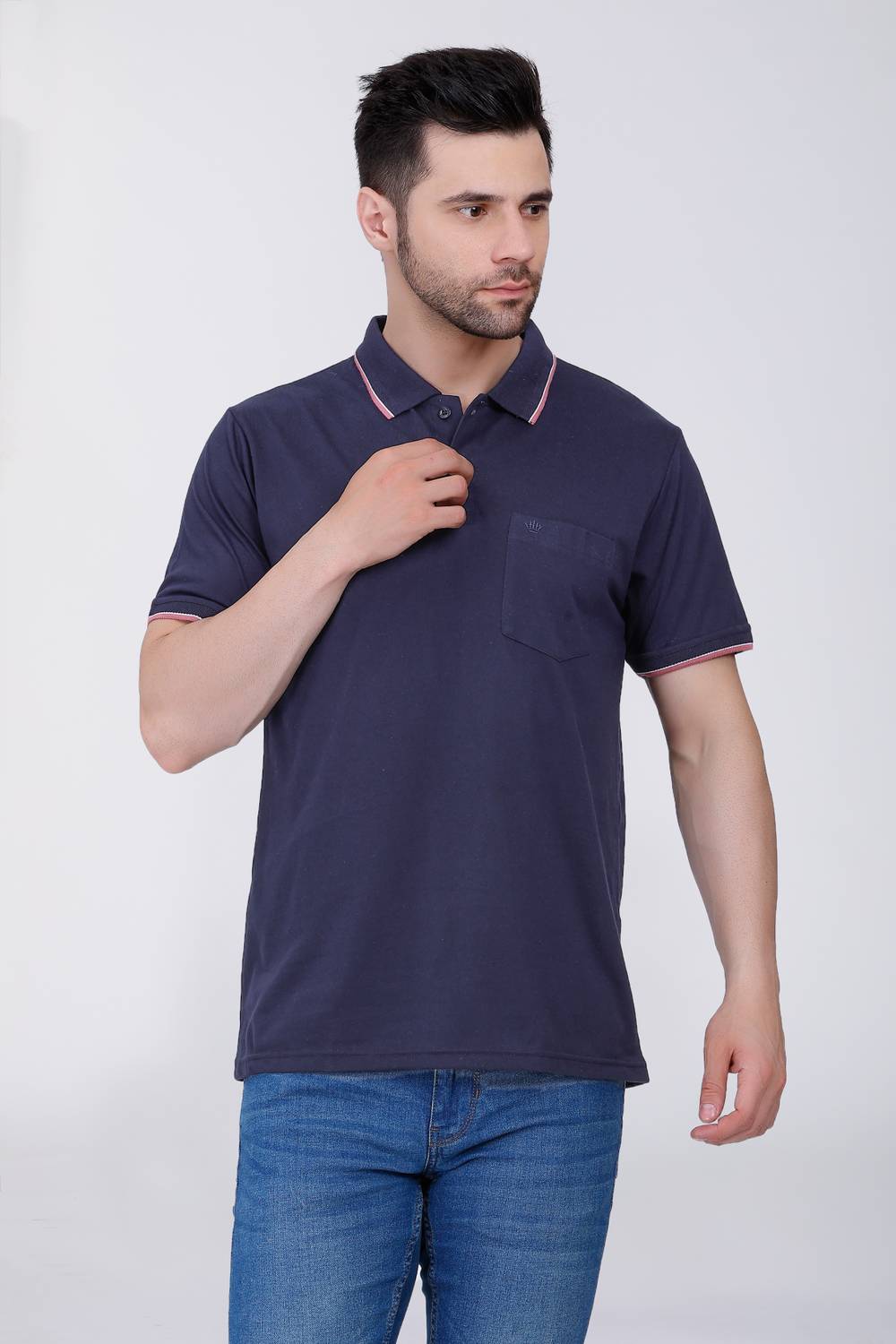 ARRAY Solid Men Polo Neck Navy Blue T-Shirt