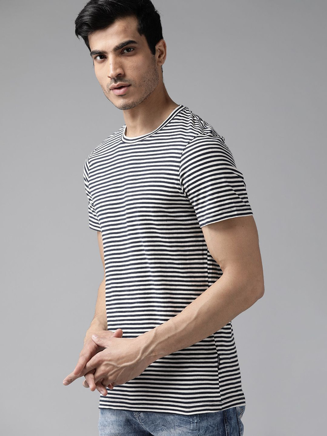 Image of Roadster Striped Men Round Neck Black T-Shirt