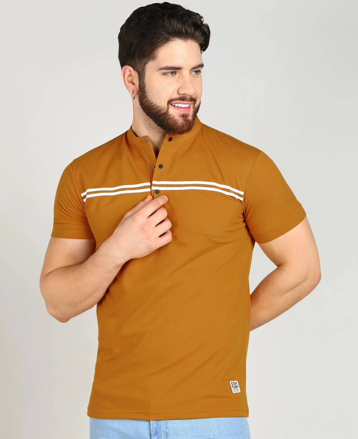 Alan Jones Men Striped Mandarin Collar Cotton Blend Yellow T-Shir