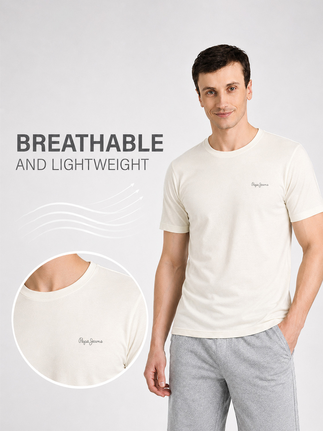 Image of Pepe Jeans Solid Men Round Neck Beige T-Shirt