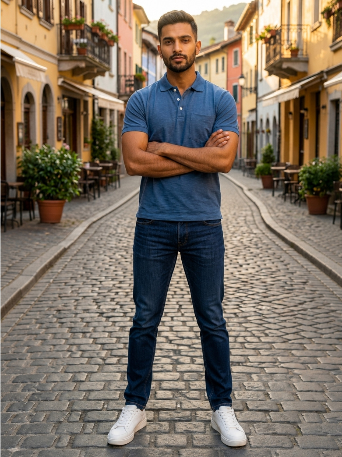 Image of mount fuzi Men Solid Polo Neck Polycotton Blue T-Shirt