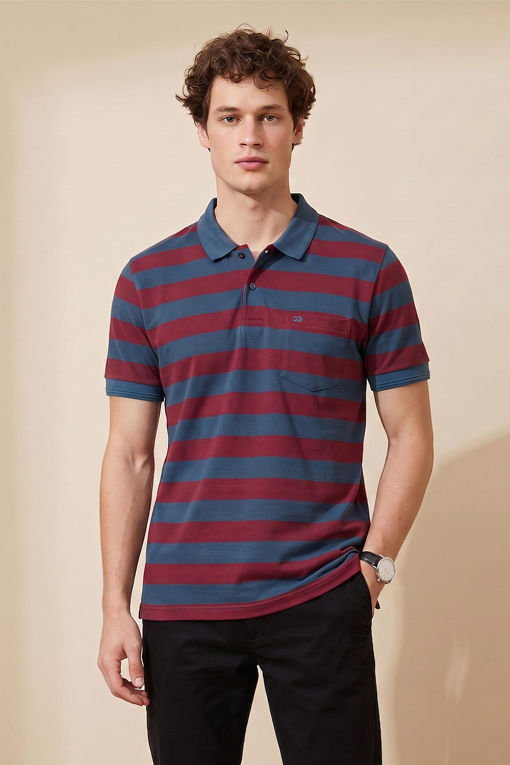 Image of PETER ENGLAND Striped Men Polo Neck Blue T-Shirt