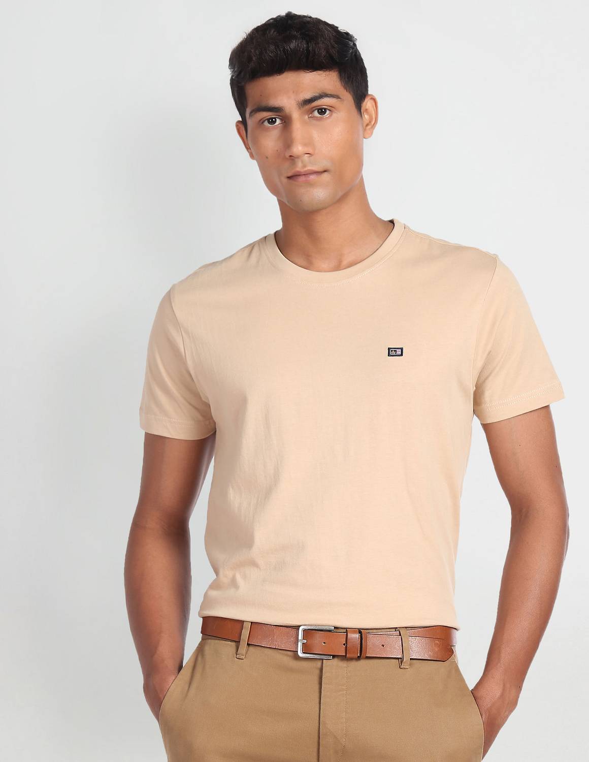 Arrow Sport Solid Men Round Neck Beige T-Shirt