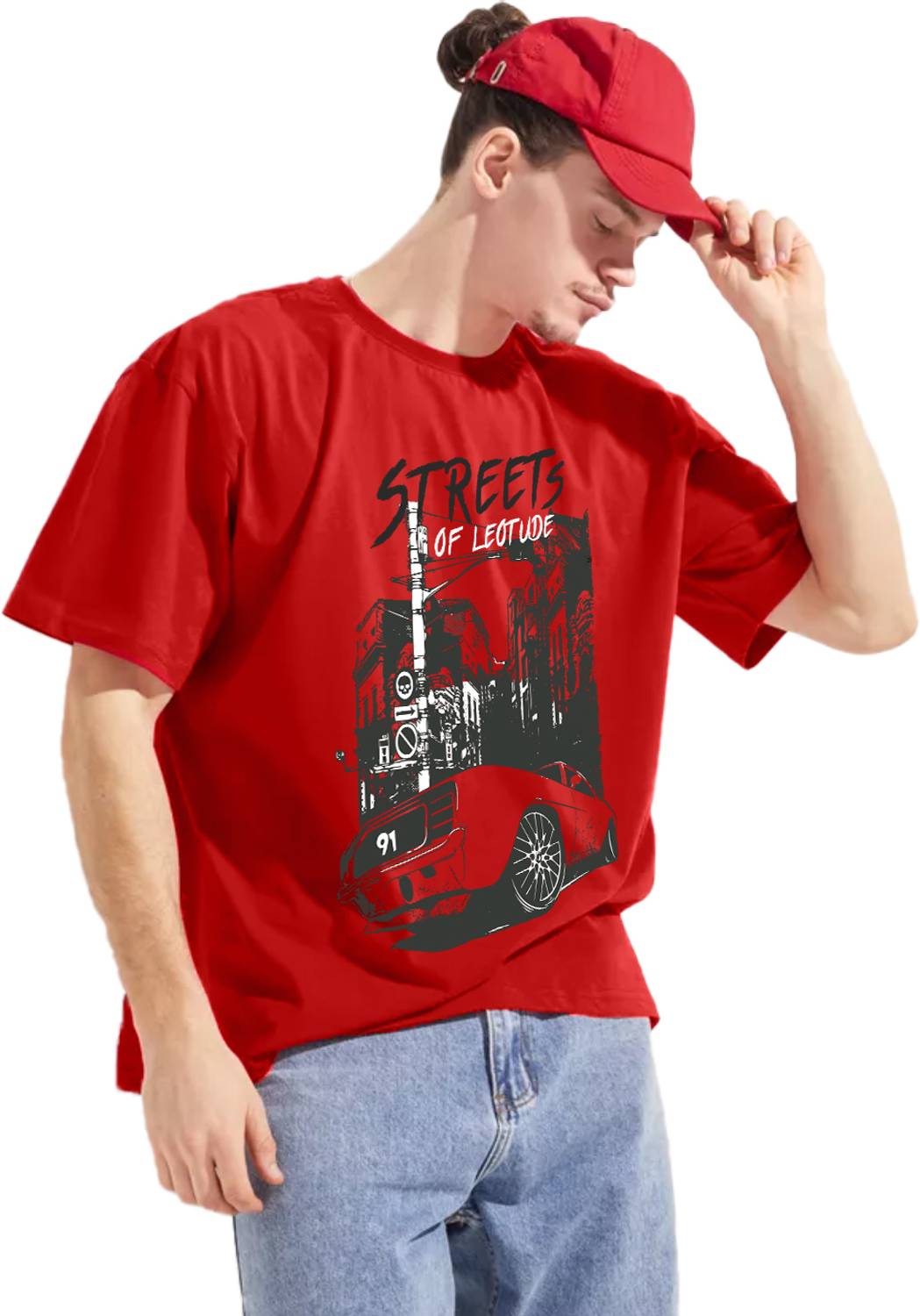 Leotude Men Printed Round Neck Cotton Blend Red T-Shirt