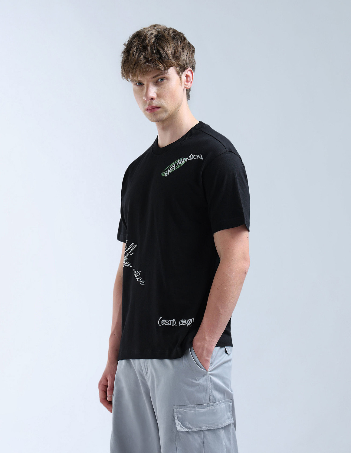 Image of FLYING MACHINE Typography Men Round Neck Black T-Shirt