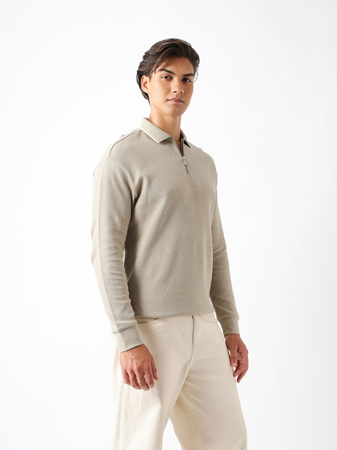 Image of THE BEAR HOUSE Self Design Men Polo Neck Light Green T-Shirt