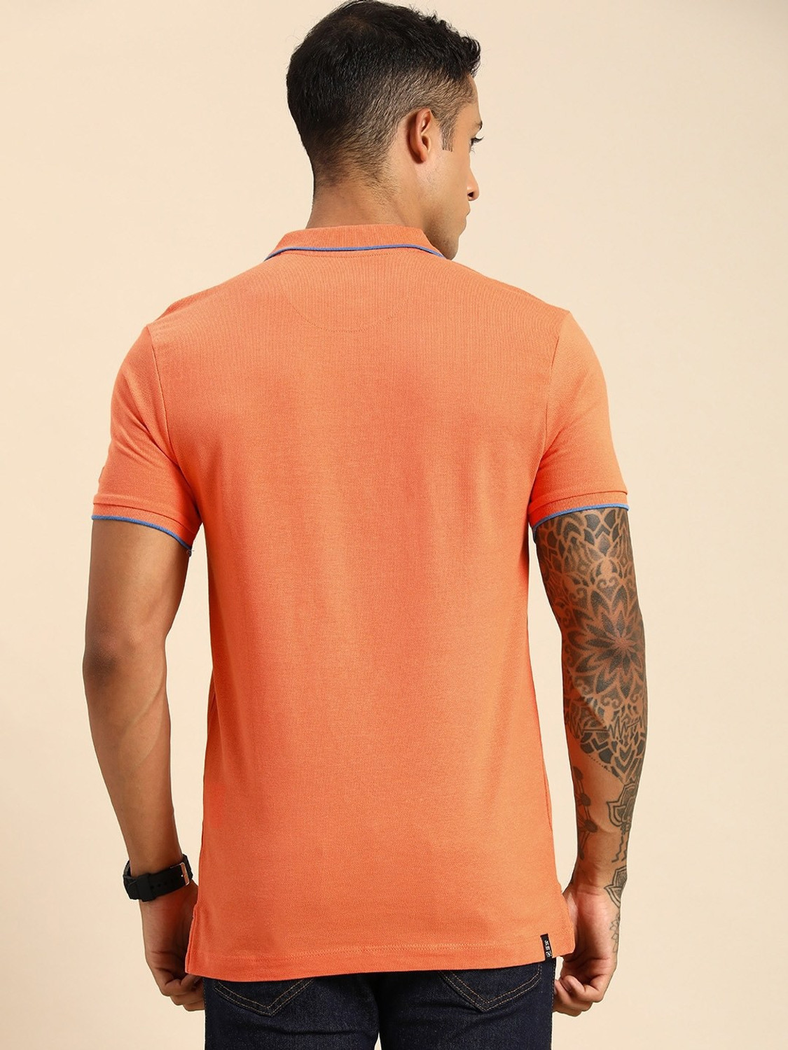 Image of BEING HUMAN Striped Men Polo Neck Orange T-Shirt