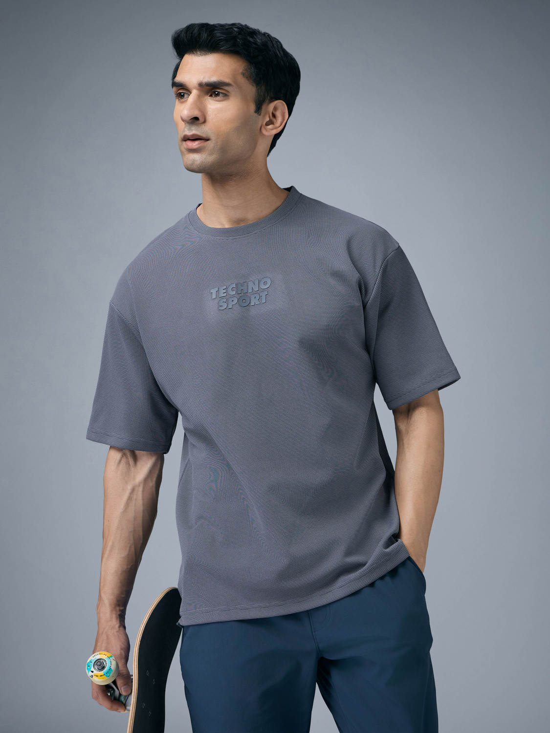 Image of TECHNOSPORT Self Design Men Round Neck Light Blue T-Shirt