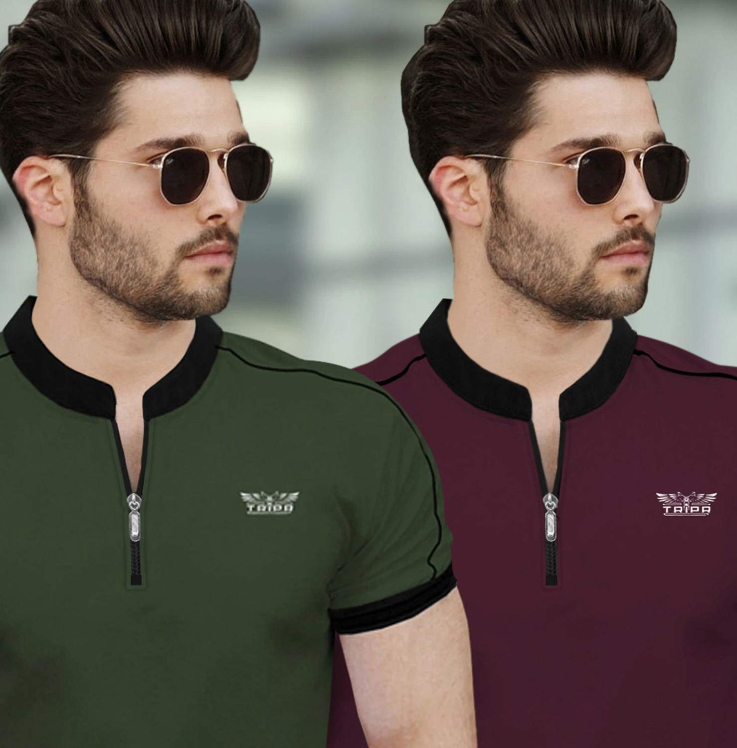 Image of TRIPR Solid Men Mandarin Collar Multicolor T-Shirt