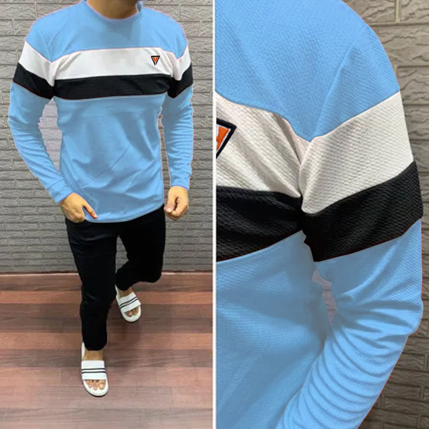 Image of HEXACRAFT Striped Men Round Neck Light Blue T-Shirt