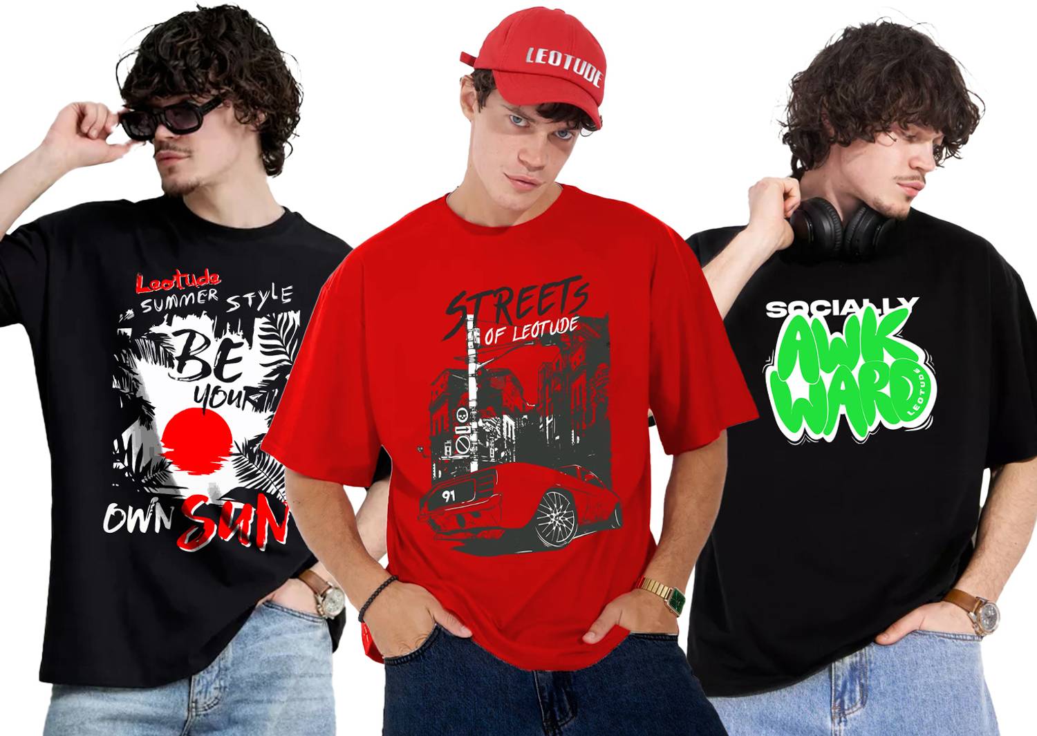 Leotude Men Printed Round Neck Cotton Blend Multicolor T-Shirt