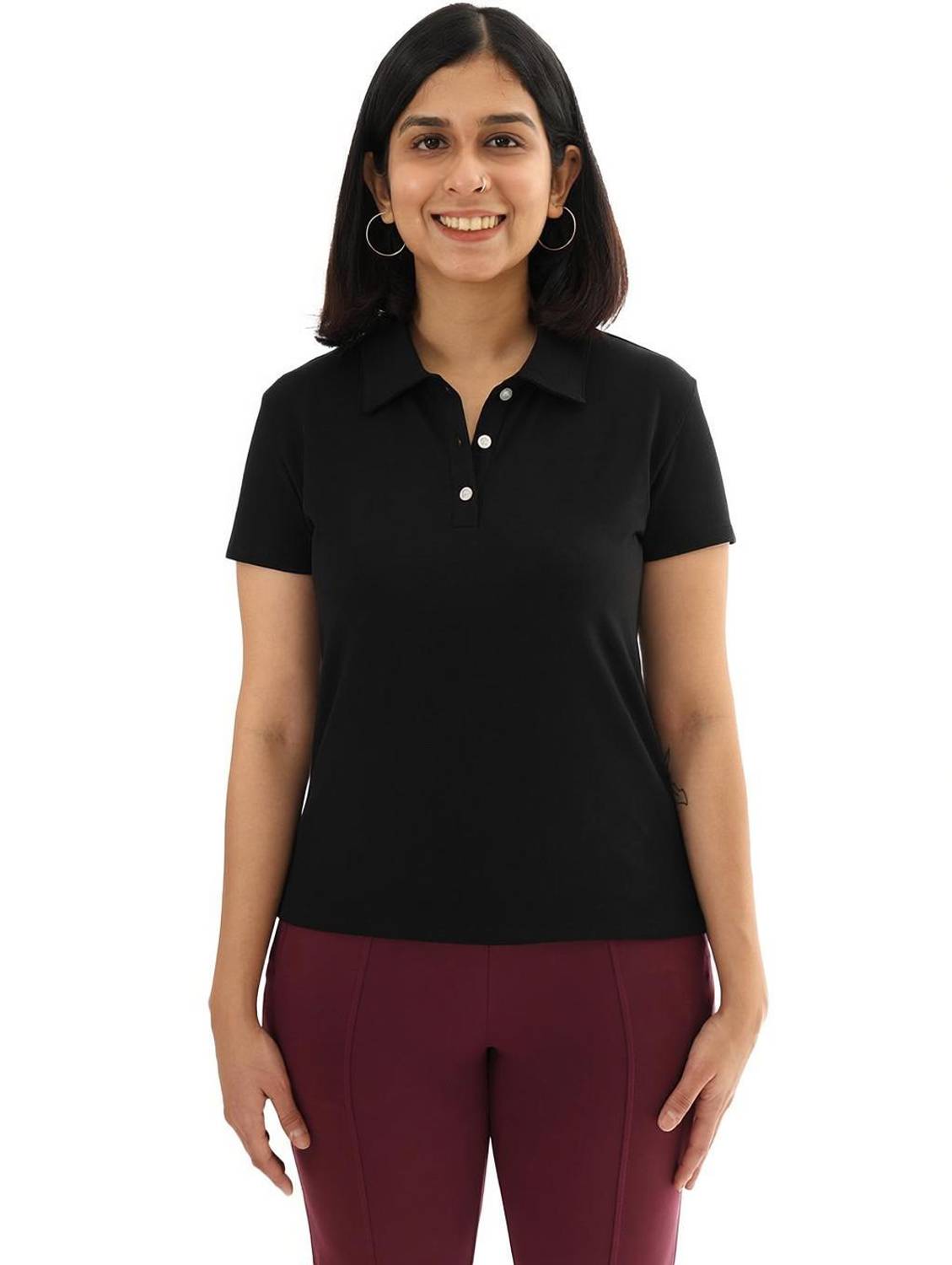 BlissClub Solid Women Polo Neck Black T-Shirt