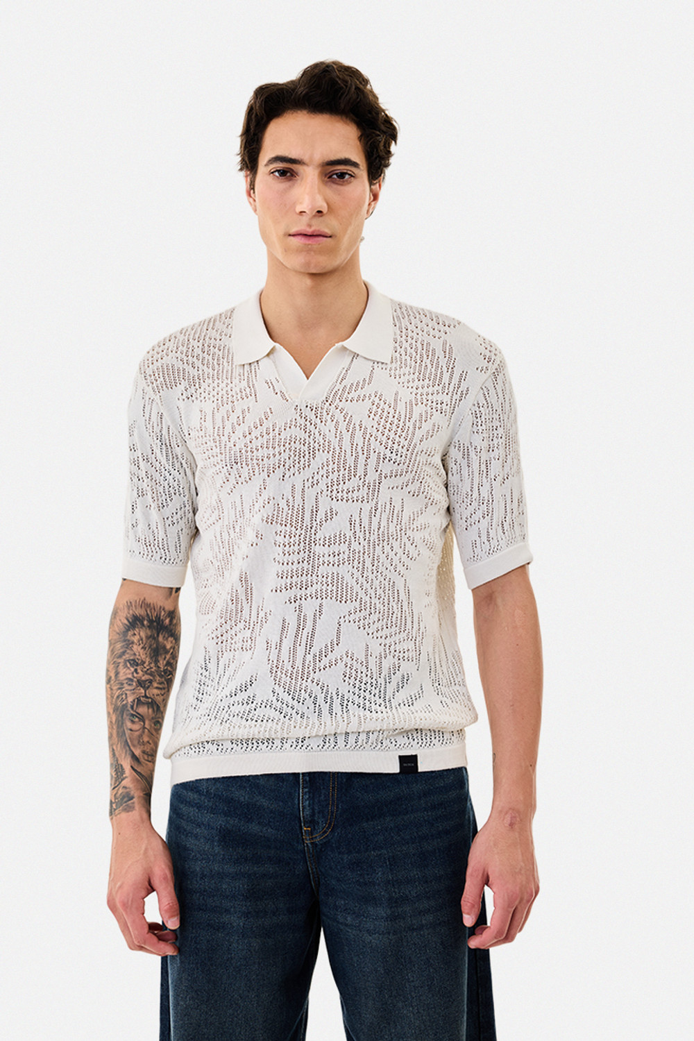 Image of Snitch Men Self Design Polo Neck Pure Cotton White T-Shirt