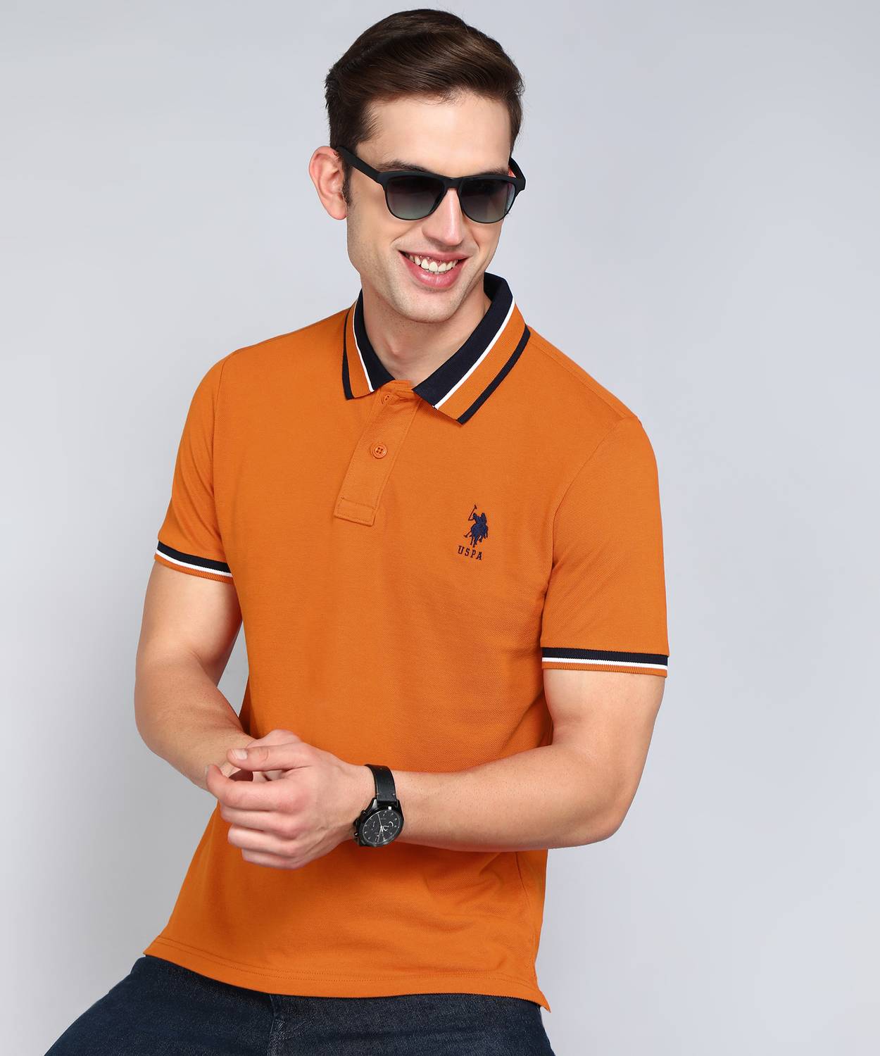U.S. POLO ASSN. Men Solid Polo Neck Pure Cotton Orange T-Shirt