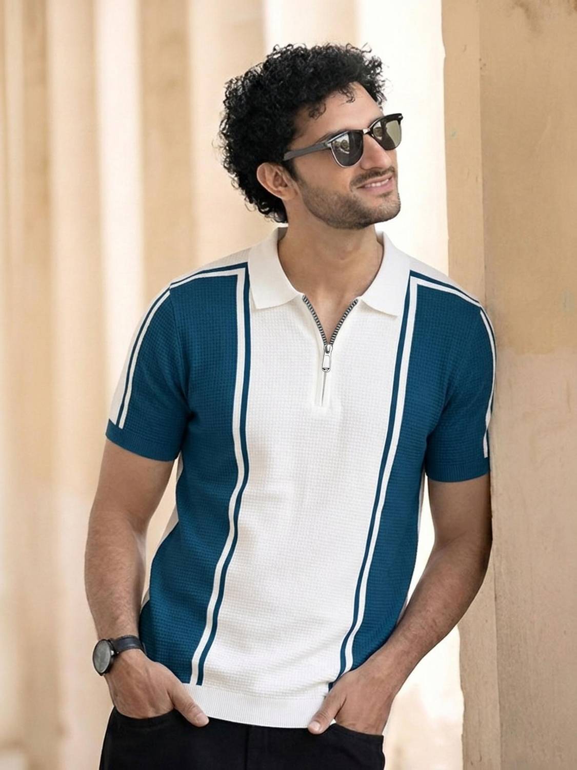 ENITOR Colorblock Men Zip Neck Blue T-Shirt