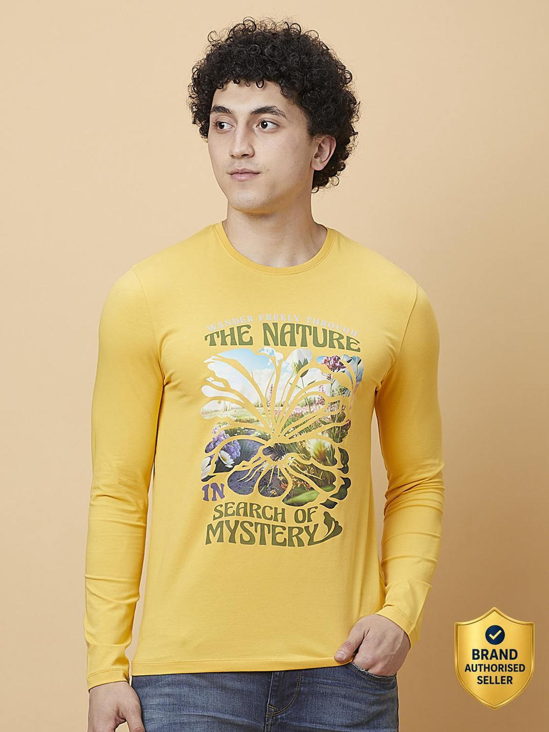 Image of BEING HUMAN Printed Men Crew Neck Yellow T-Shirt