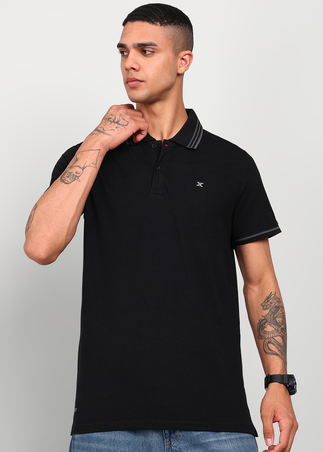 Image of KILLER Solid Men Polo Neck Black T-Shirt