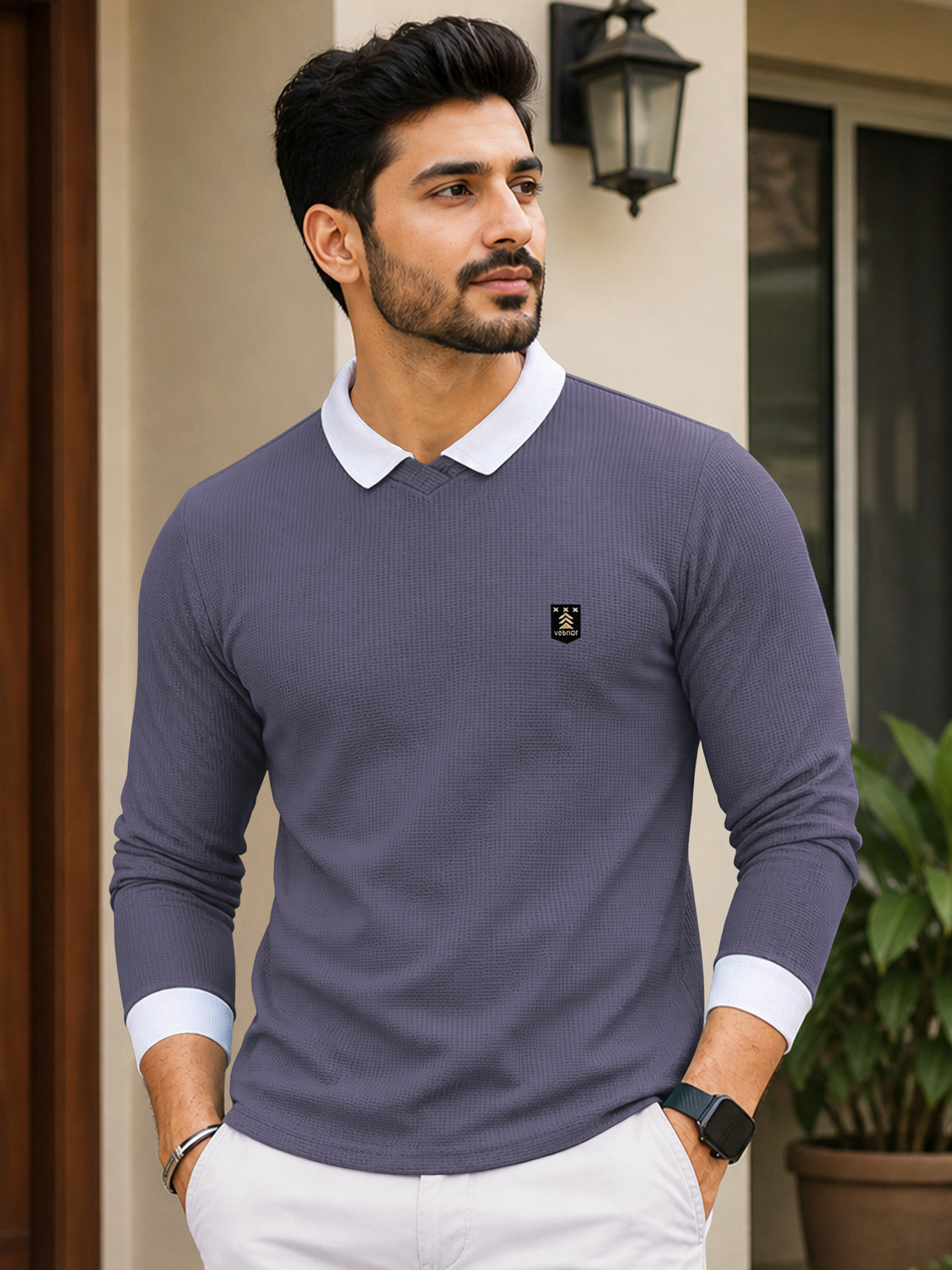 Image of VeBNoR Solid Men Polo Neck Blue T-Shirt