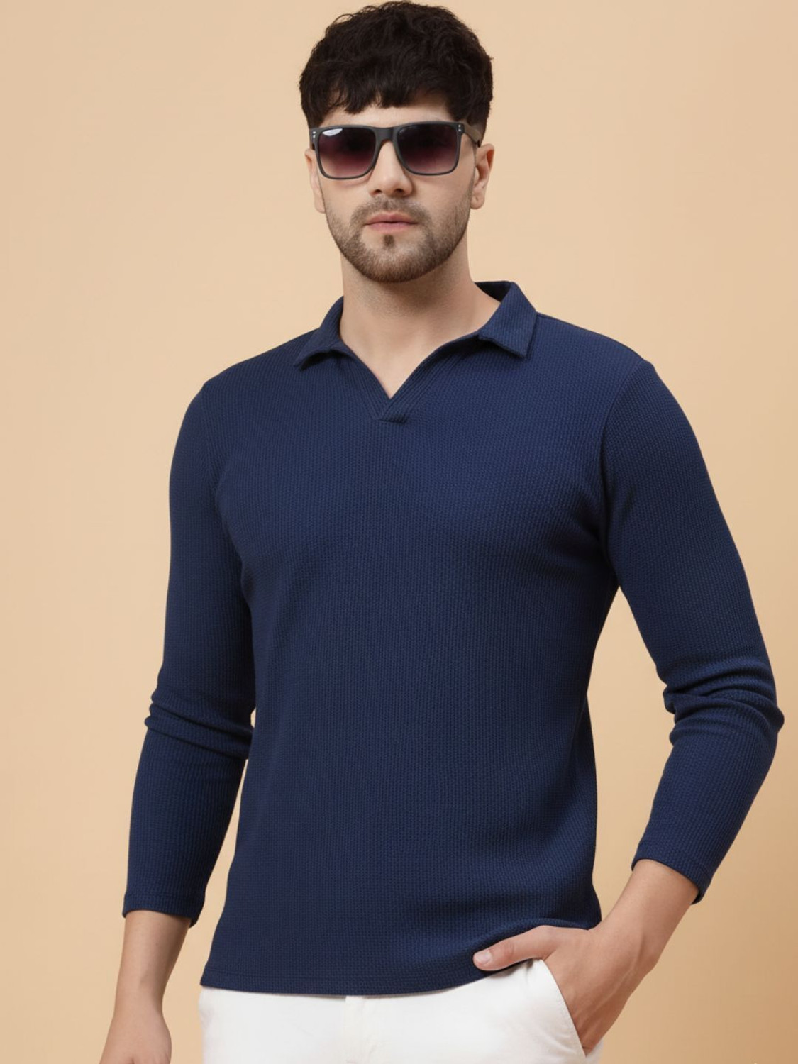 Image of RIGO Self Design Men Polo Neck Navy Blue T-Shirt