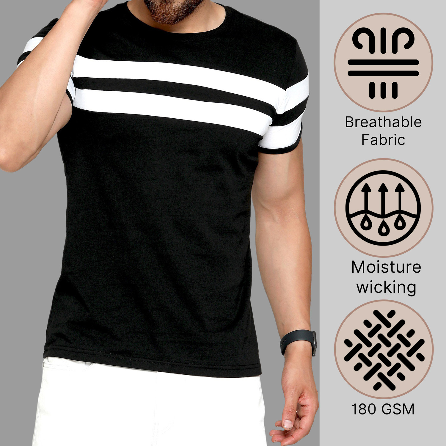 Image of AUSK Colorblock Men Round Neck White, Black T-Shirt