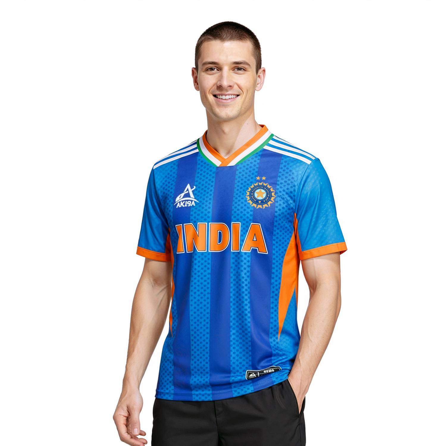 AKIBA Striped, Graphic Print, Sporty Men V Neck Blue T-Shirt