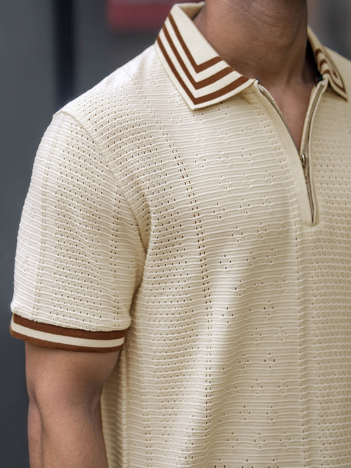 Image of MANIAC Self Design Men Polo Neck White T-Shirt