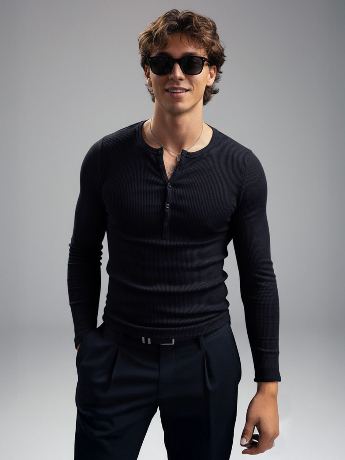 Image of FUGAZEE Solid Men Henley Neck Black T-Shirt
