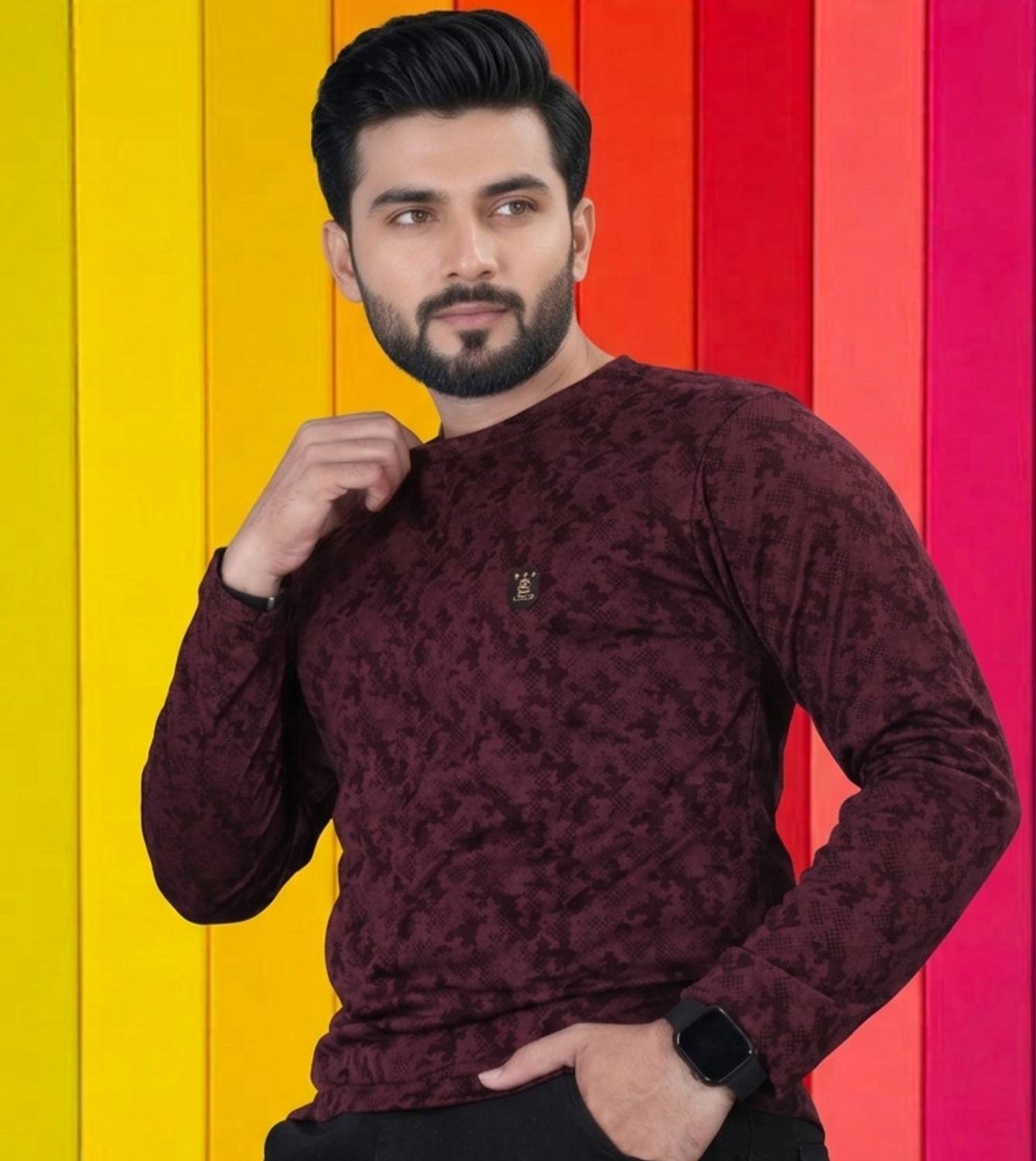 Magpy Men Printed Round Neck Cotton Blend Maroon, Black T-Shirt