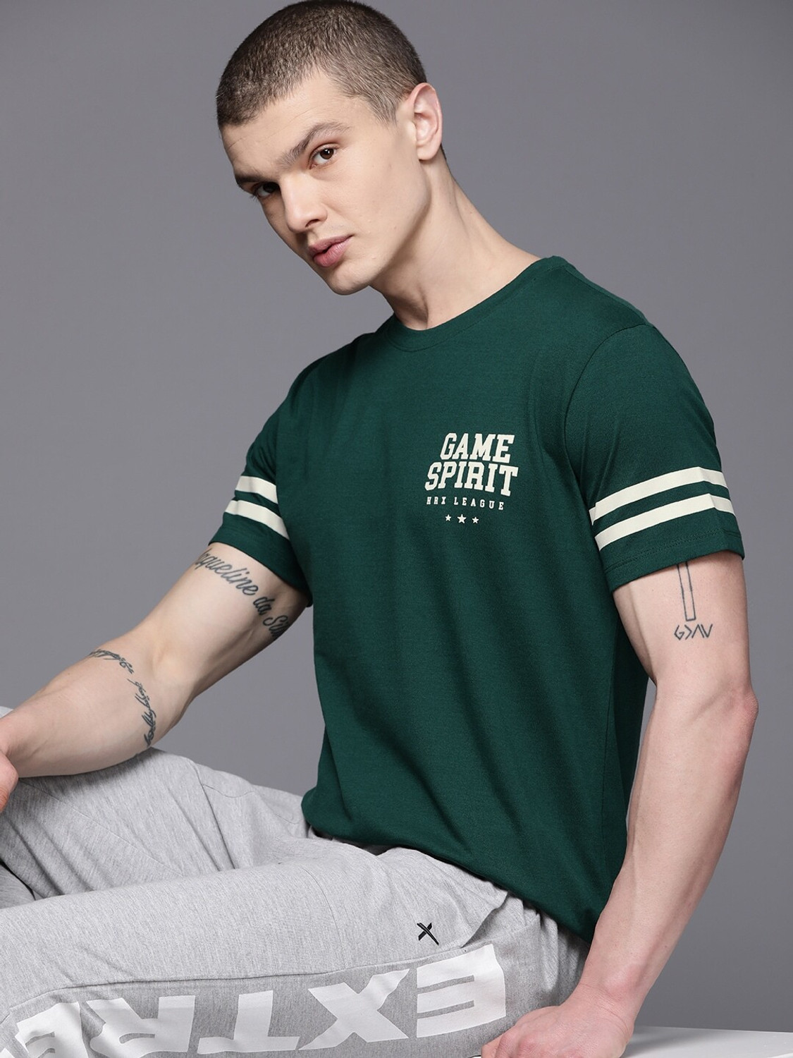 Image of HRX by Hrithik Roshan Men Printed Round Neck Cotton Blend Green T-Shirt