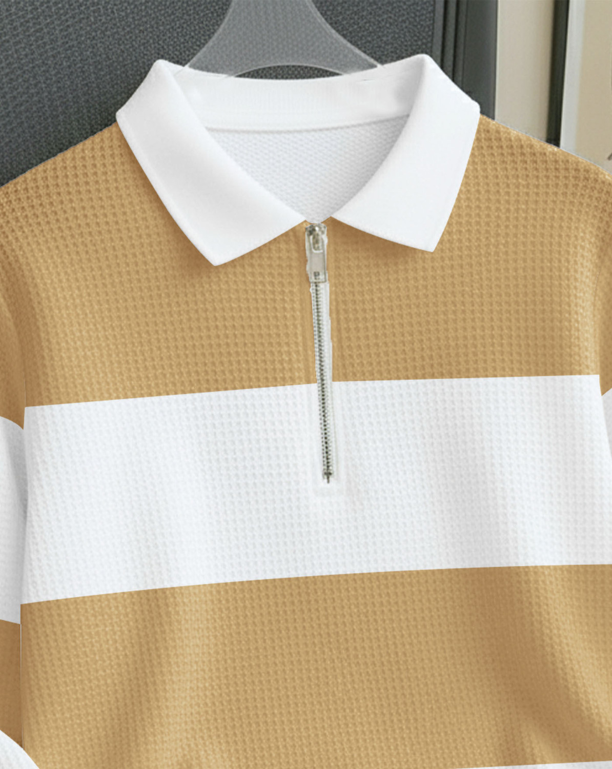Image of ENITOR Colorblock Men Zip Neck Beige, White T-Shirt