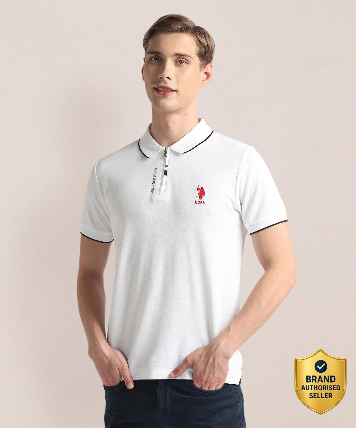 Image of U.S. POLO ASSN. Solid Men Polo Neck White T-Shirt