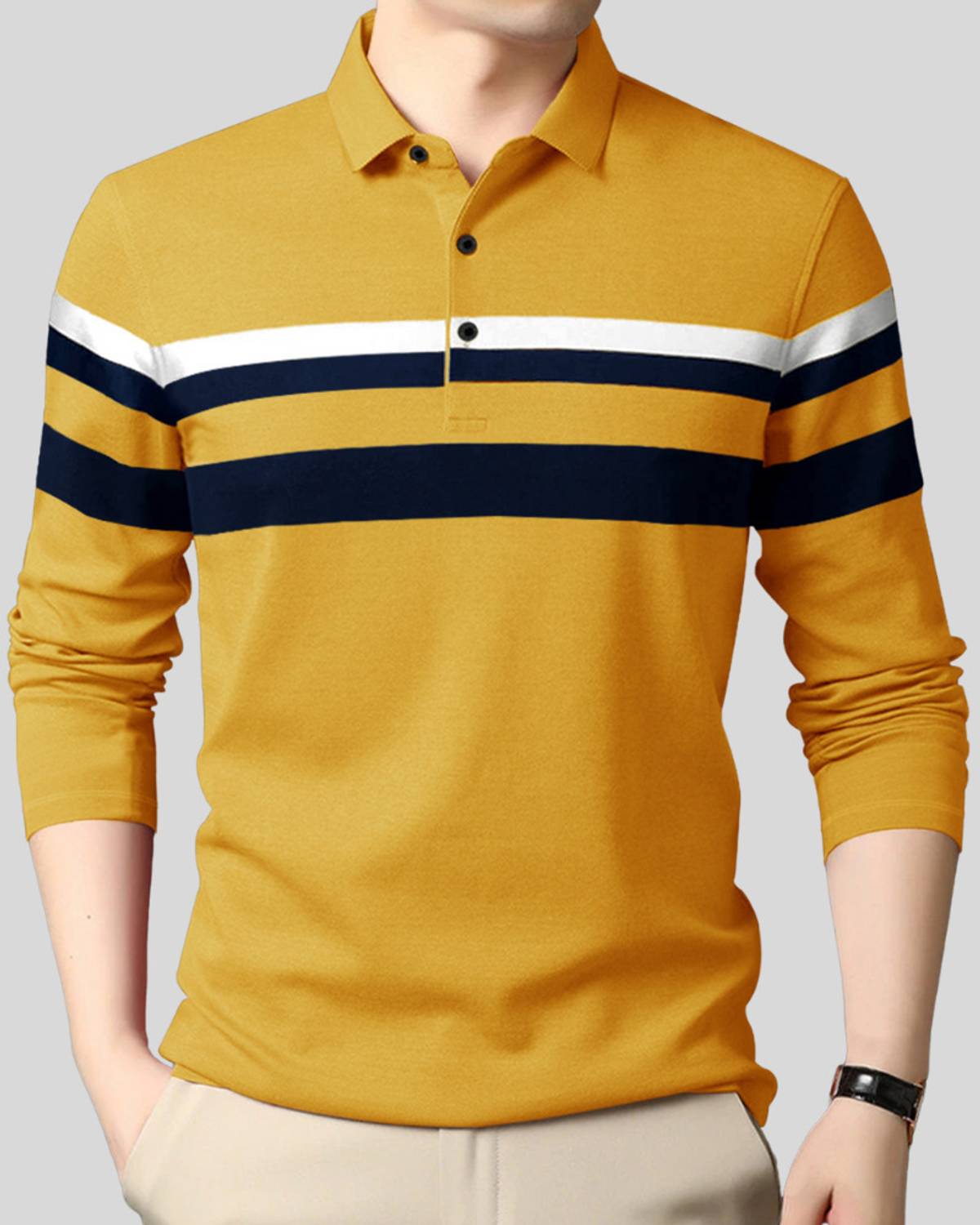 Highkind Men Striped Polo Neck Cotton Blend Yellow T-Shirt