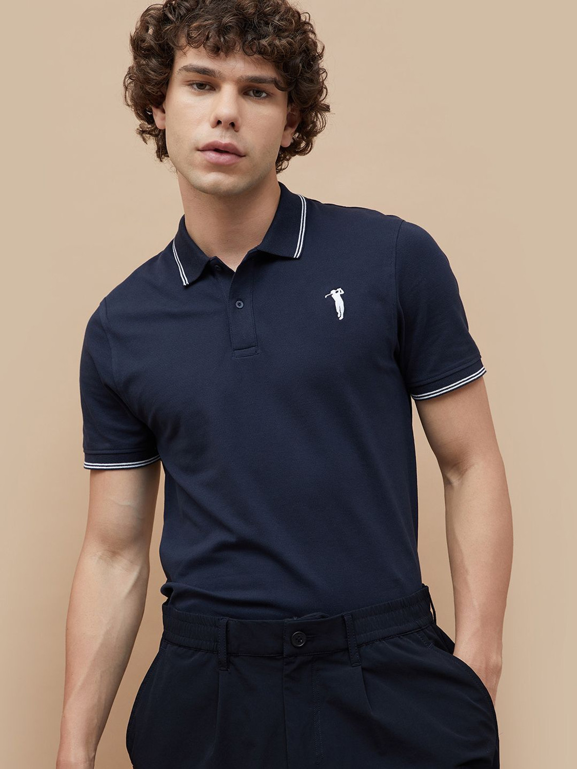 Image of BOSSINI Solid Men Polo Neck Blue T-Shirt