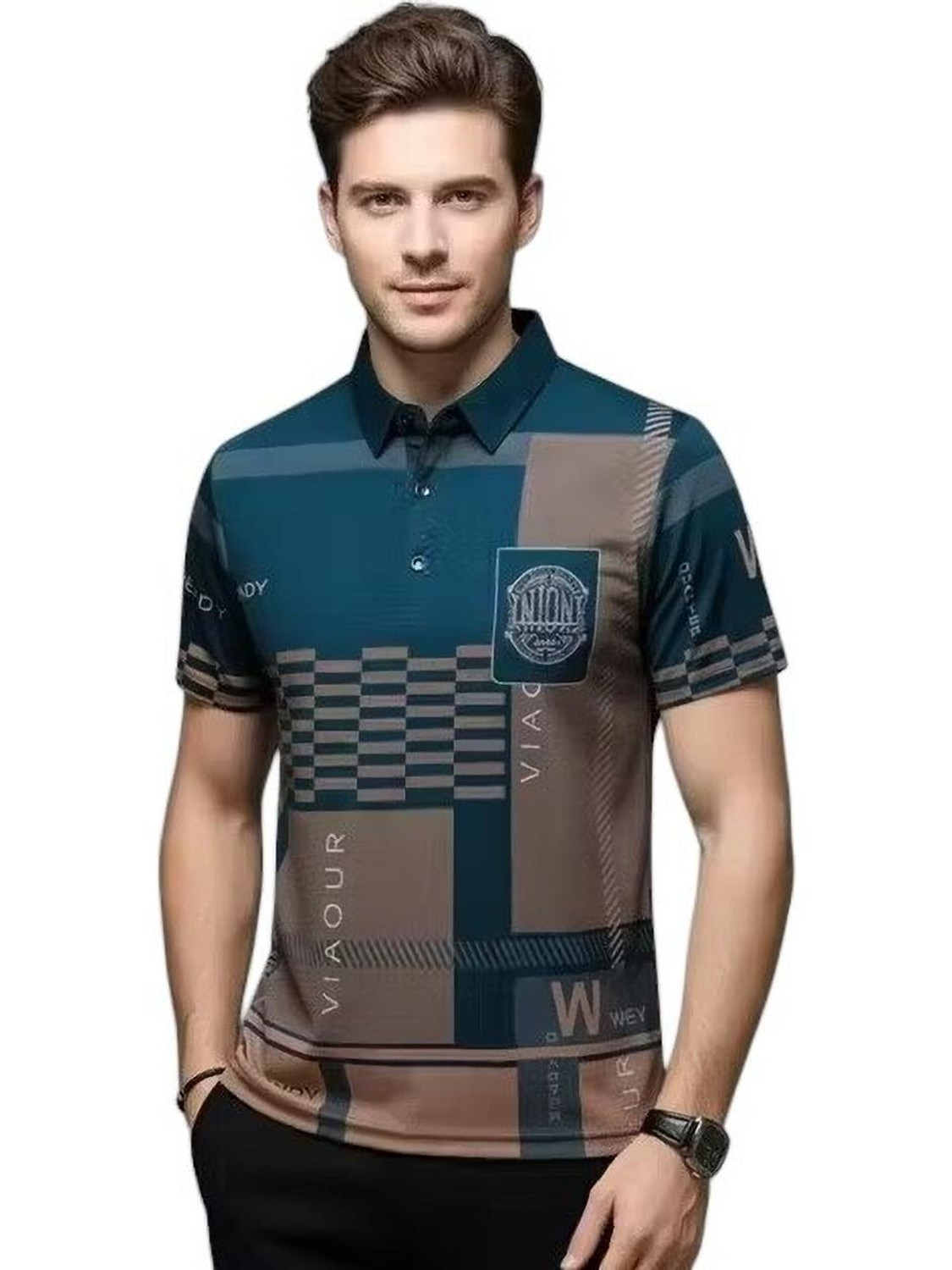 Image of METRONAUT Geometric Print Men Polo Neck Blue T-Shirt