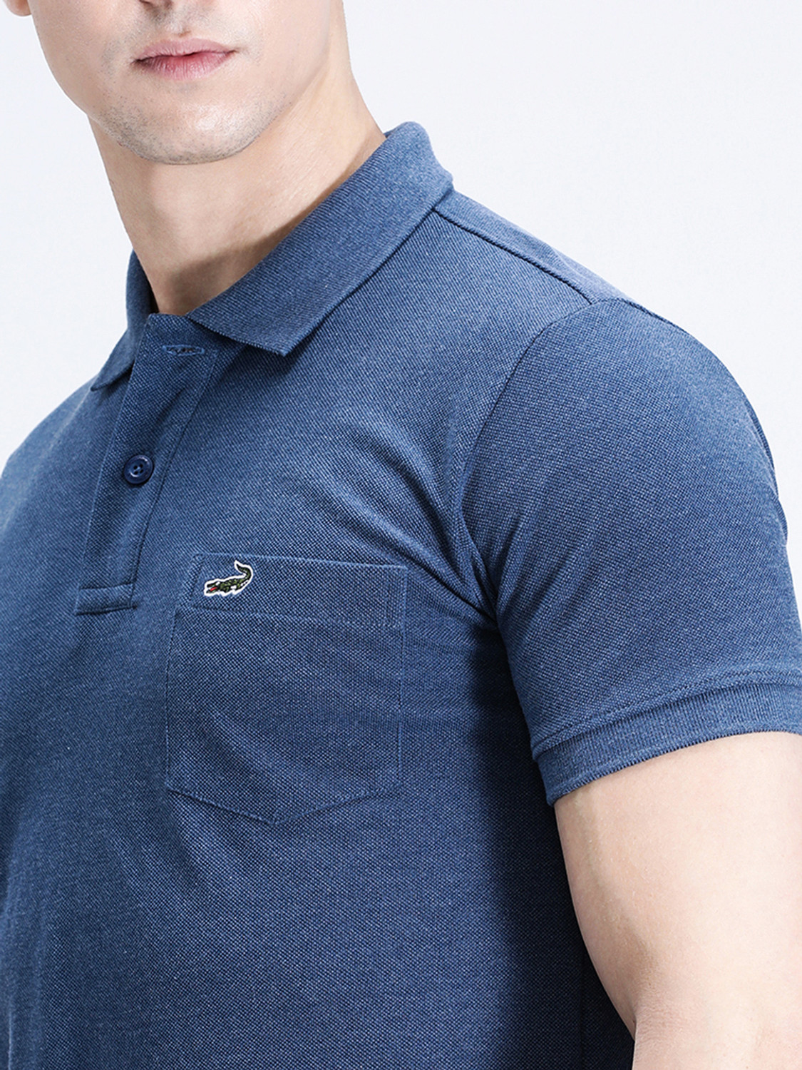 Image of CROCODILE Solid Men Polo Neck Blue T-Shirt