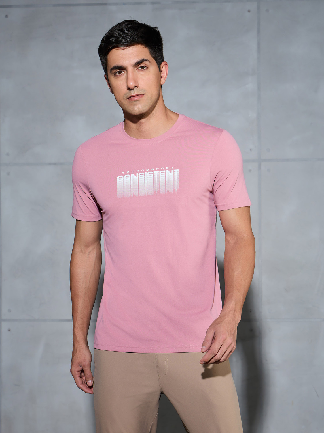 Image of TECHNOSPORT Graphic Print Men Crew Neck Pink T-Shirt