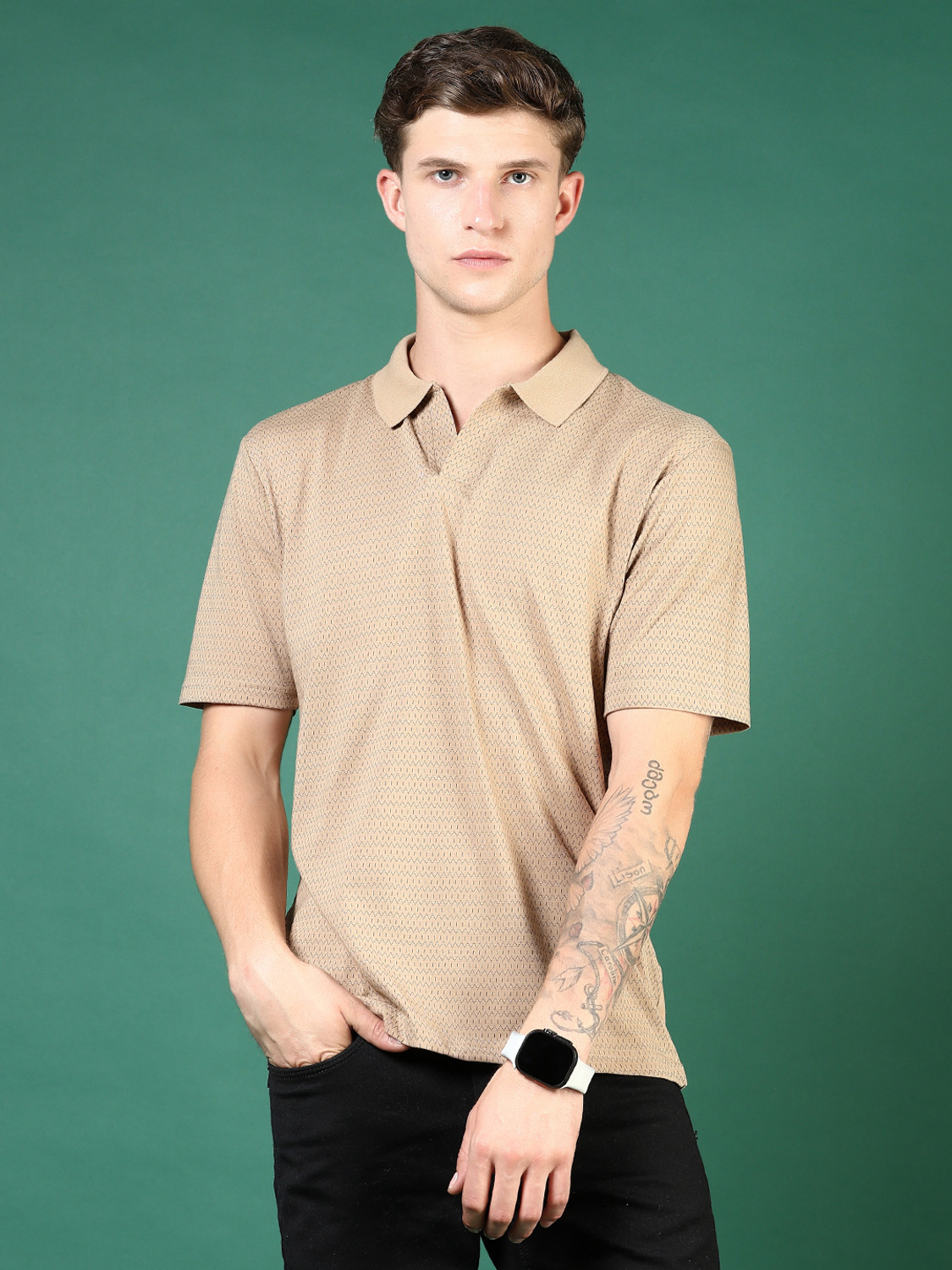 Image of V-MART Self Design Men Polo Neck Beige T-Shirt