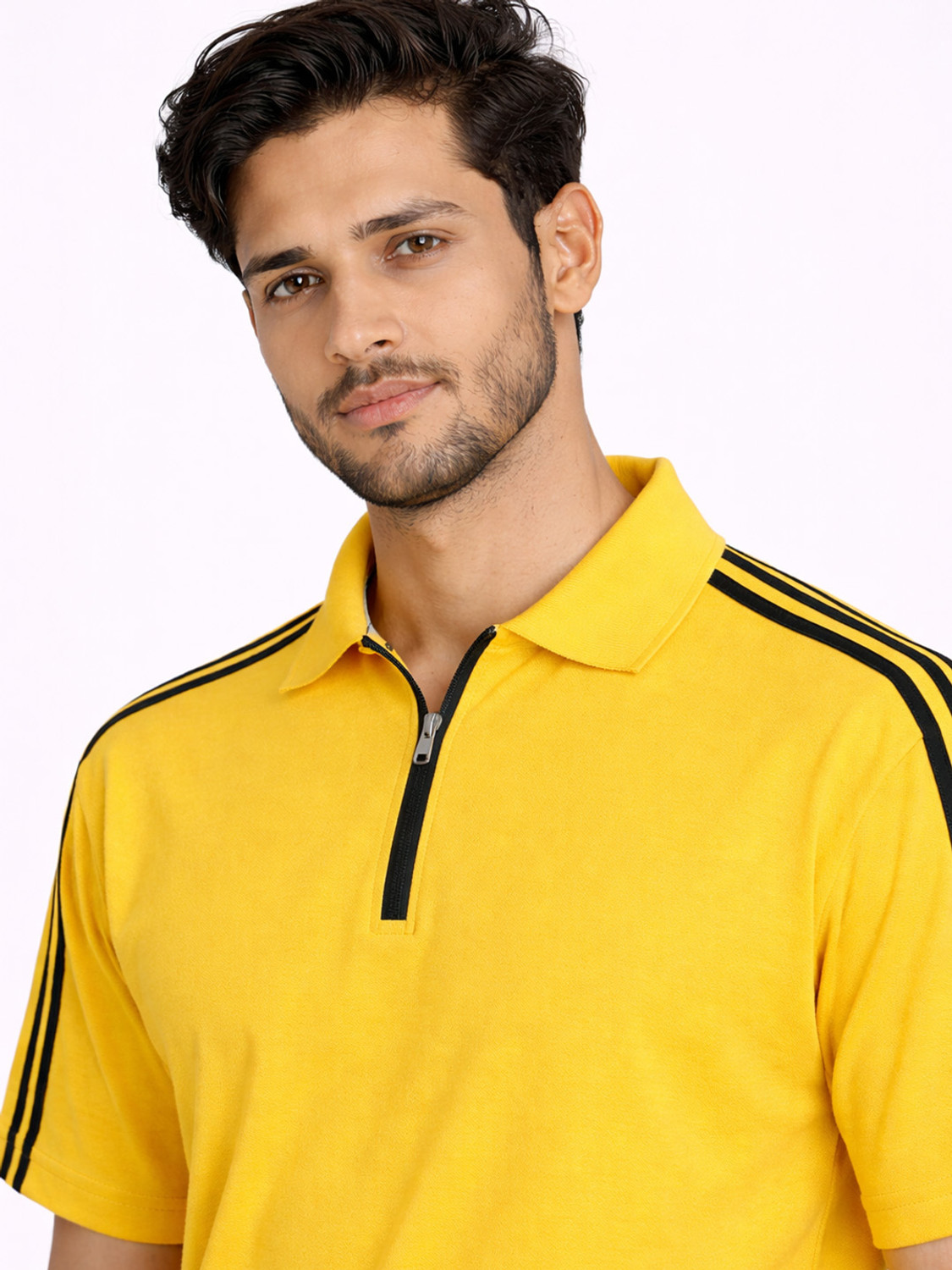 Image of RULEDBYSUN Striped, Solid Men Zip Neck Yellow T-Shirt