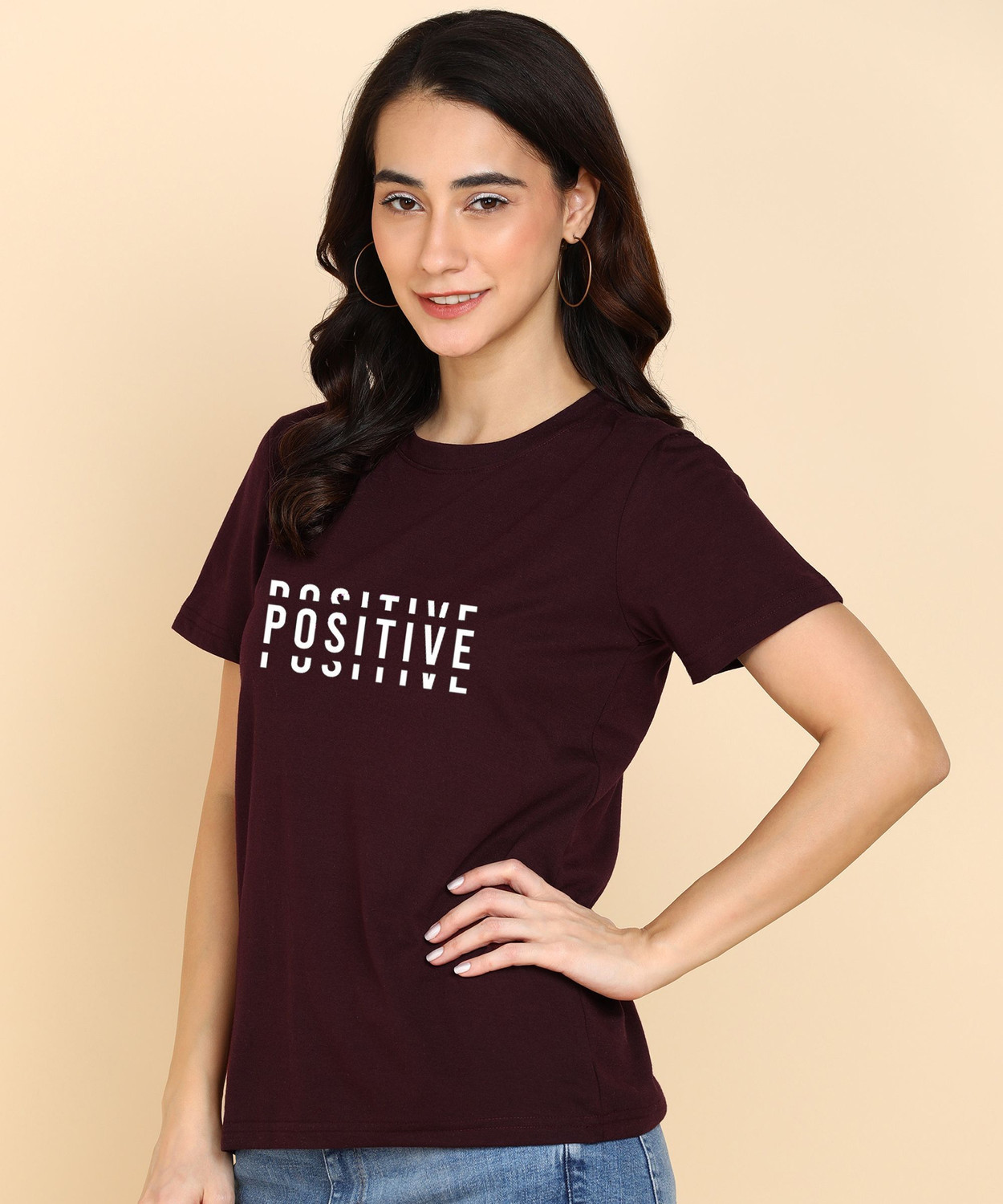 Image of Adyavastram Typography Women Round Neck Maroon T-Shirt