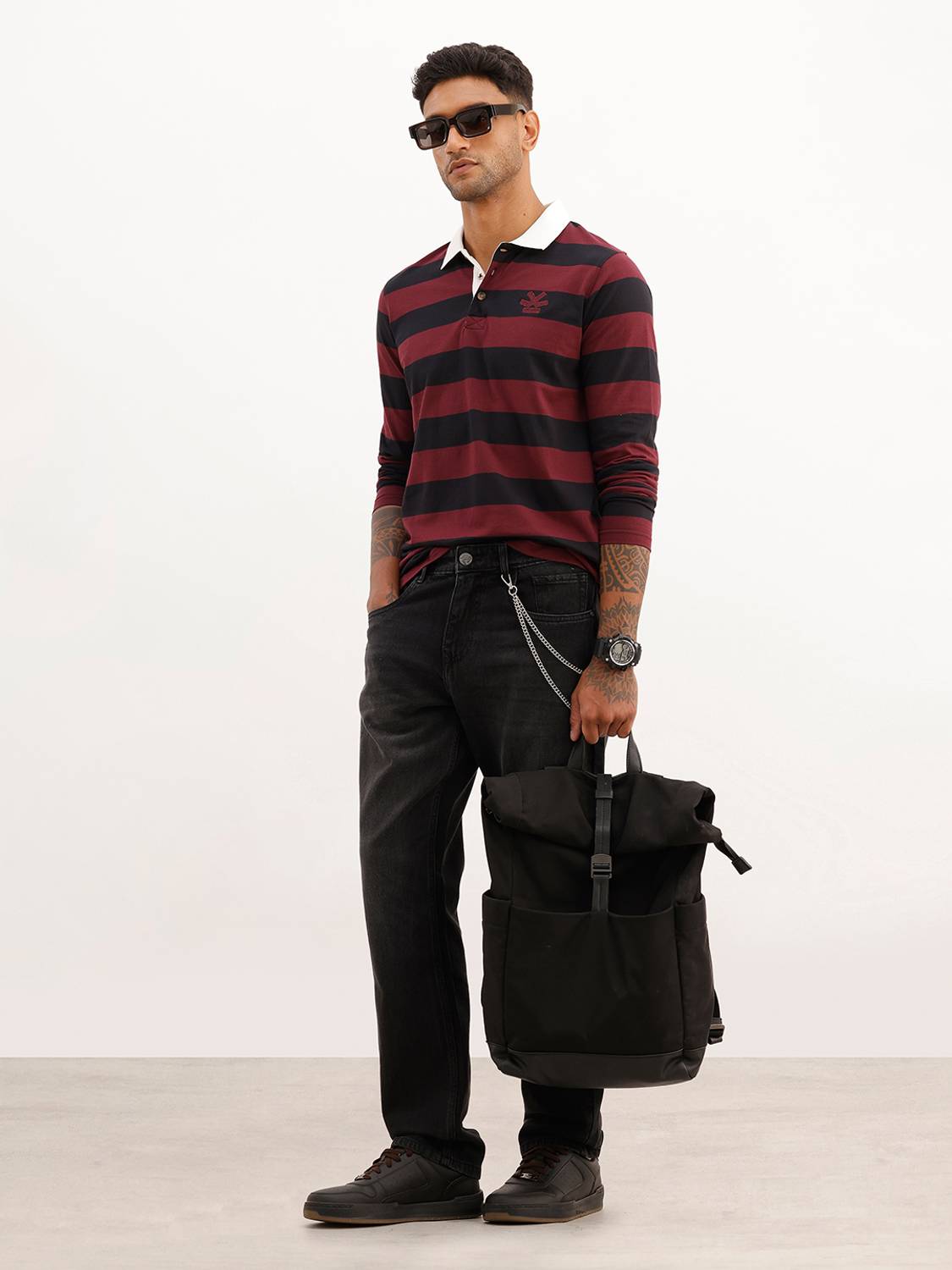 WROGN Striped Men Polo Neck Maroon T-Shirt - Image 2