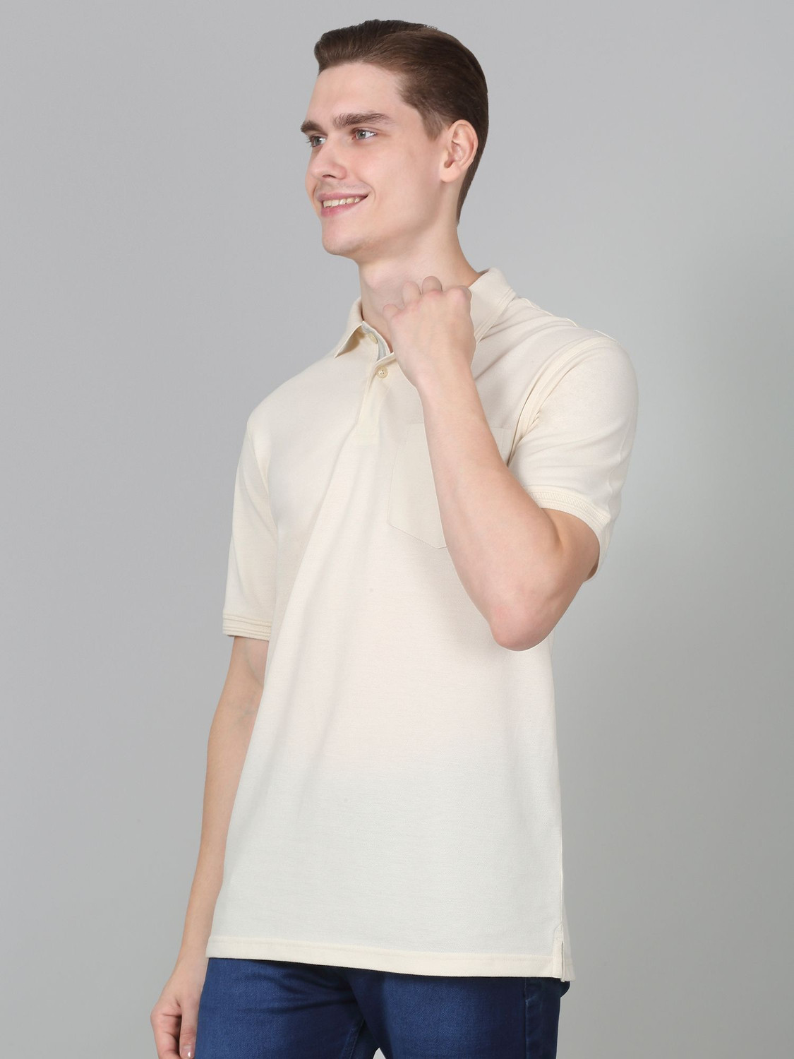 Image of CANTABIL Solid Men Polo Neck Beige T-Shirt