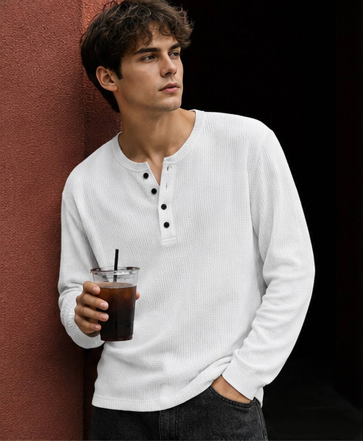 NOOK Men's White Henley Neck T-Shirt - Image 1