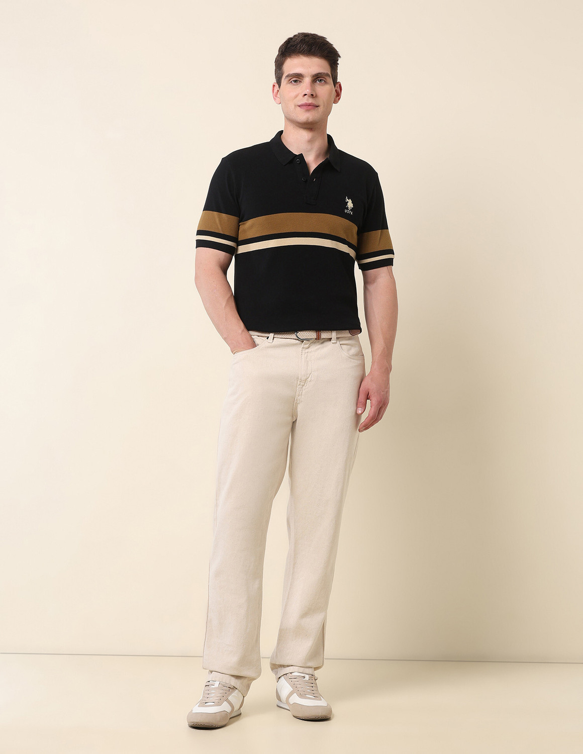 Image of U.S. POLO ASSN. Striped Men Polo Neck Black T-Shirt