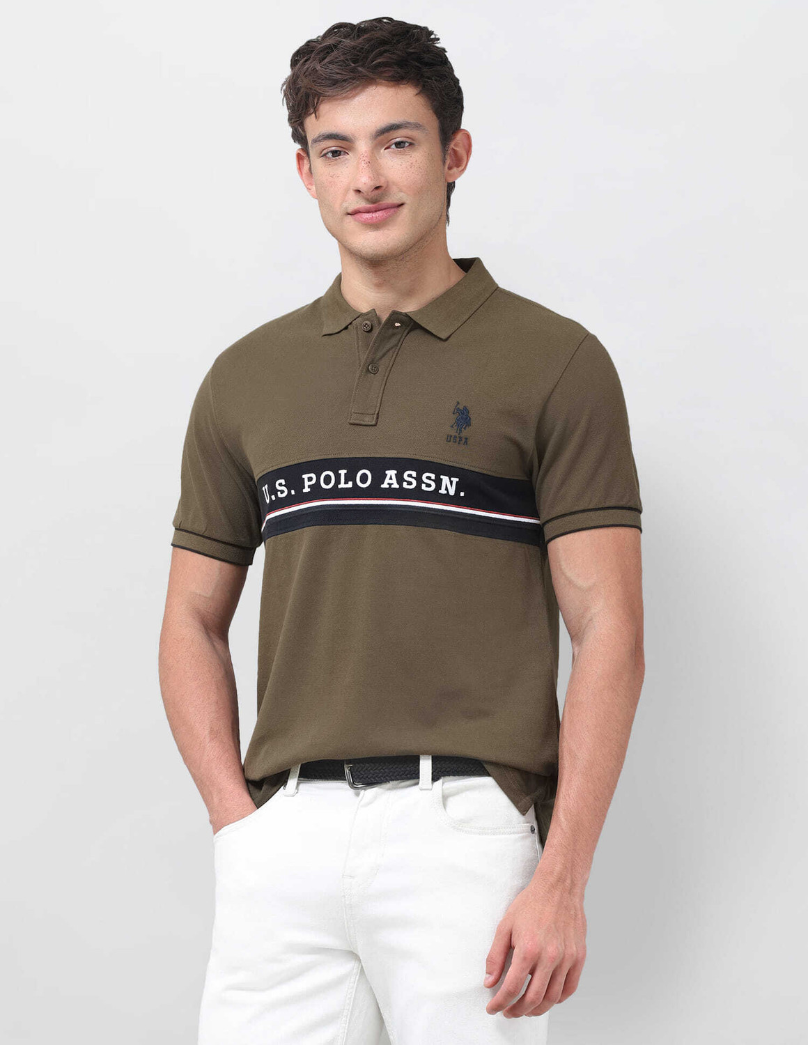 Image of U.S. POLO ASSN. Solid Men Polo Neck Green T-Shirt