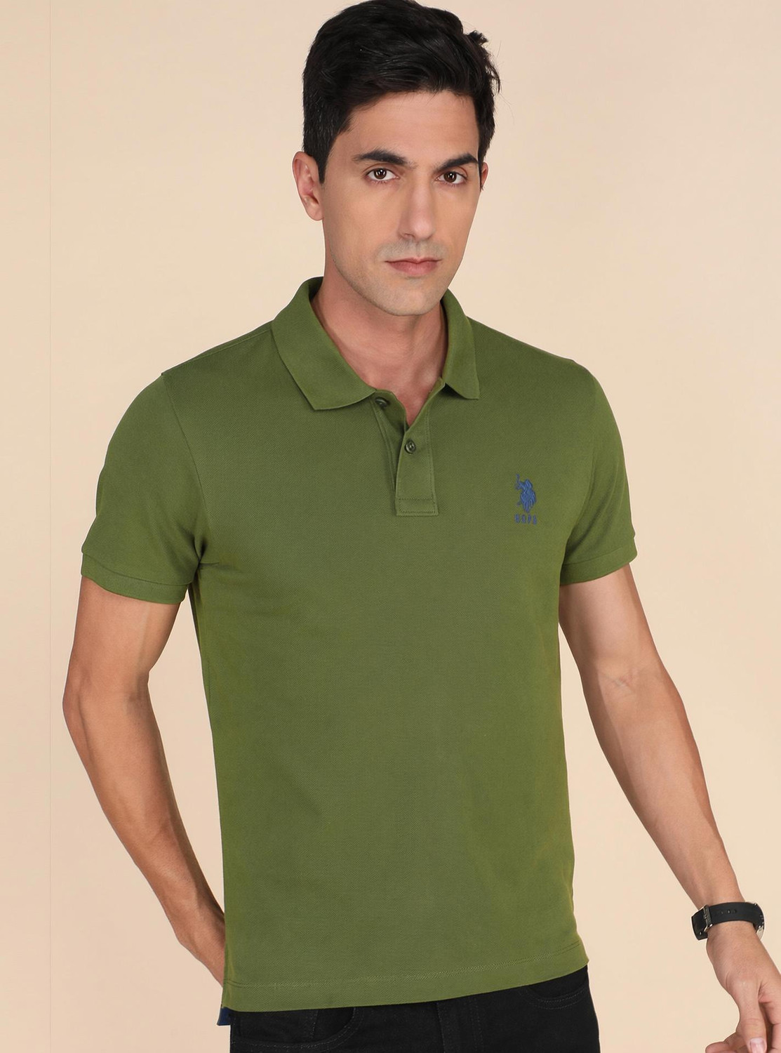 Image of U.S. POLO ASSN. Solid Men Polo Neck Light Green T-Shirt