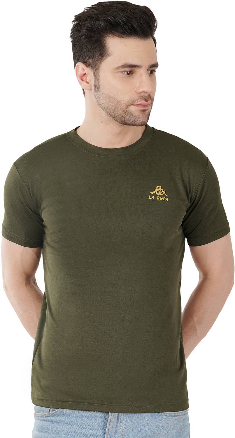High Street Clothing co Men Solid Round Neck Polycotton Green T-S
