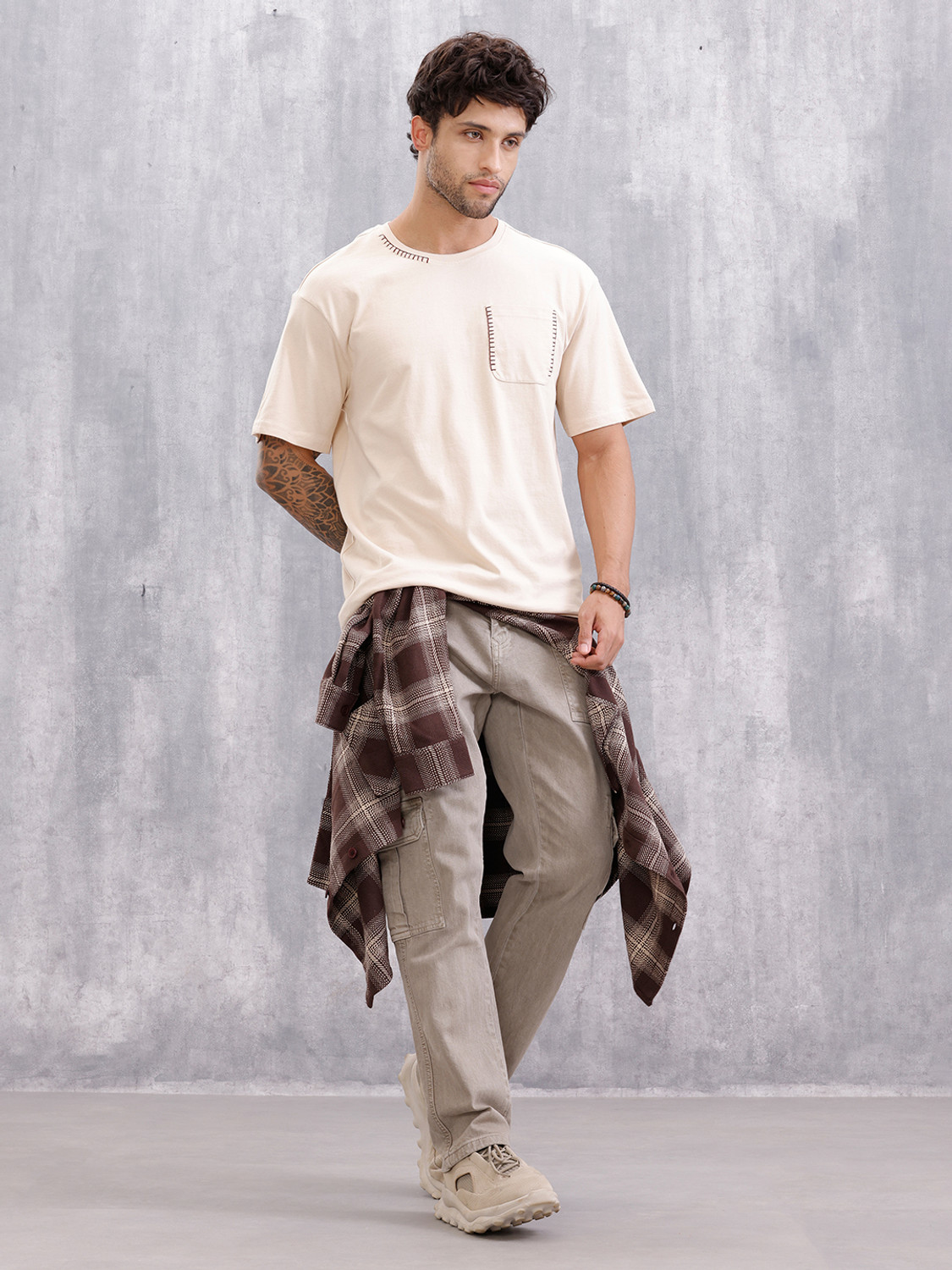 Image of WROGN Embroidered Men Crew Neck Beige T-Shirt